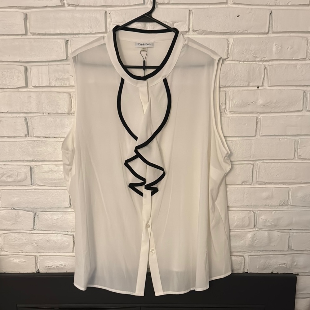 Calvin Klein White Sleeveless Ruffle Blouse with Black Trim